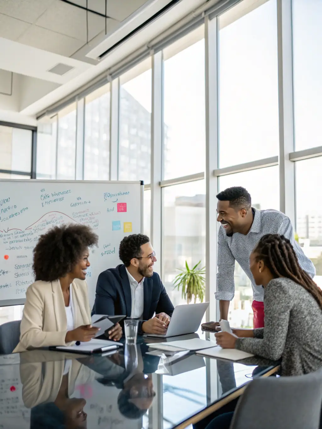 A team of IT consultants collaborating on a strategic plan in a bright, modern office, emphasizing Bonovox's consulting expertise.