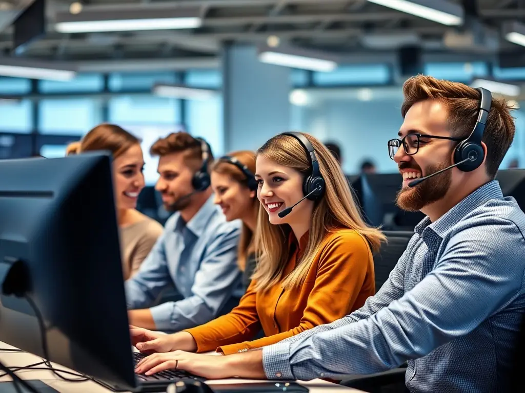 A diverse team of customer support agents handling inquiries and providing solutions in a modern call center environment, showcasing Bonovox's commitment to excellent customer service.